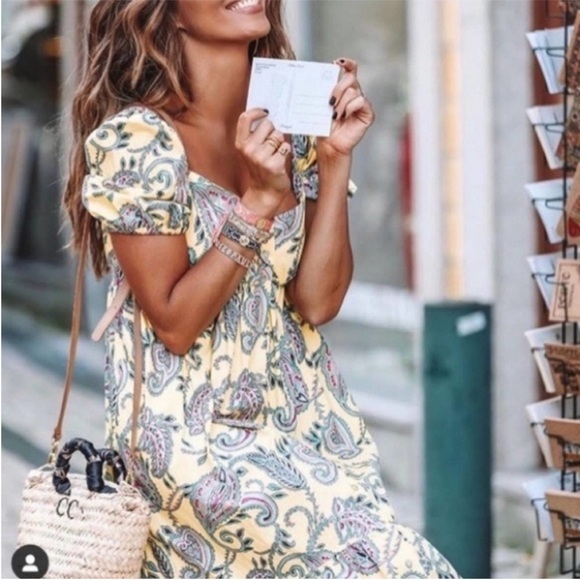 Zara blogger yellow paisley printed puff sleeve maxi dress peasant smock - Picture 12 of 13